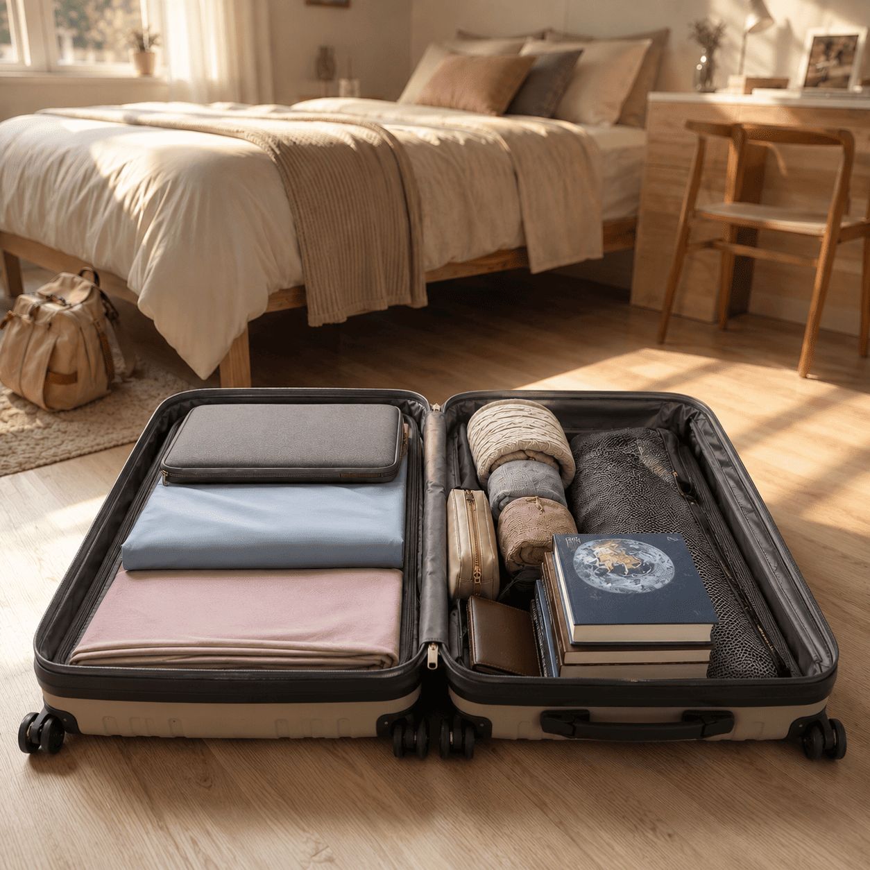 International student unpacking in a dorm room with twin XL bed setup