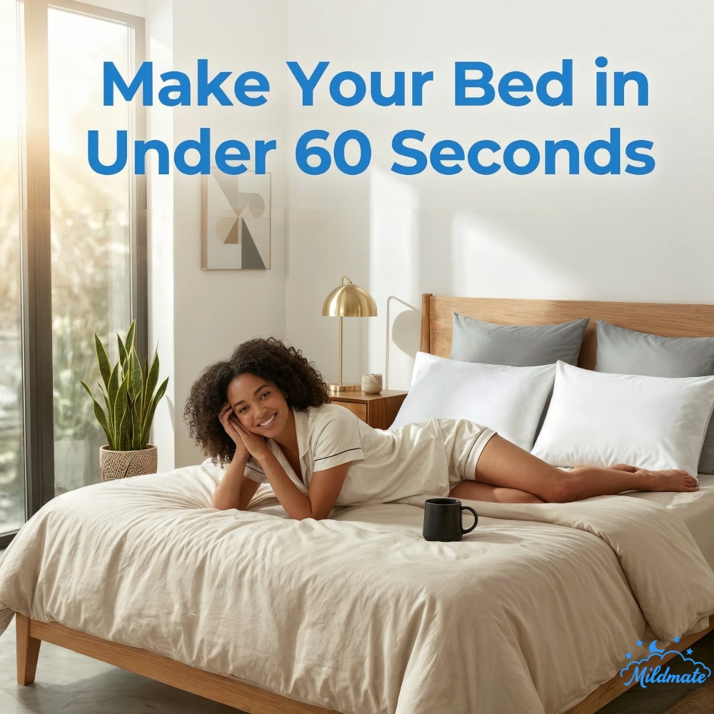 Easy dorm bed setup showing the 360-degree anchor system and 3-sided zipper duvet cover