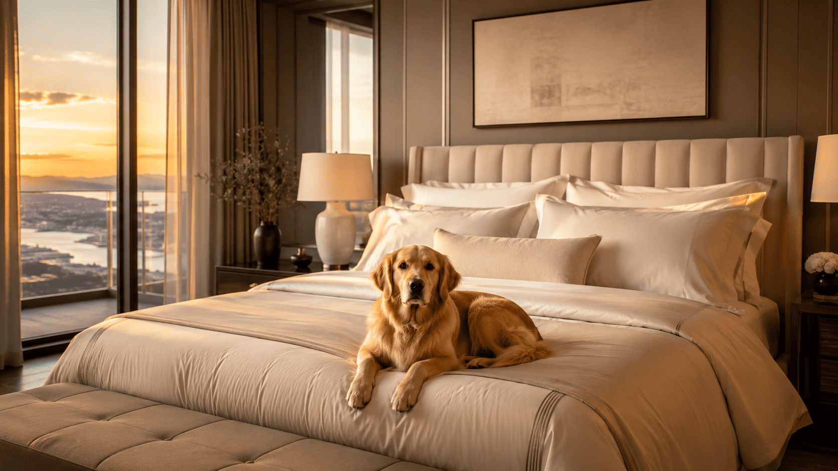 Peaceful bedroom sanctuary with pets on custom CloudSoft bedding