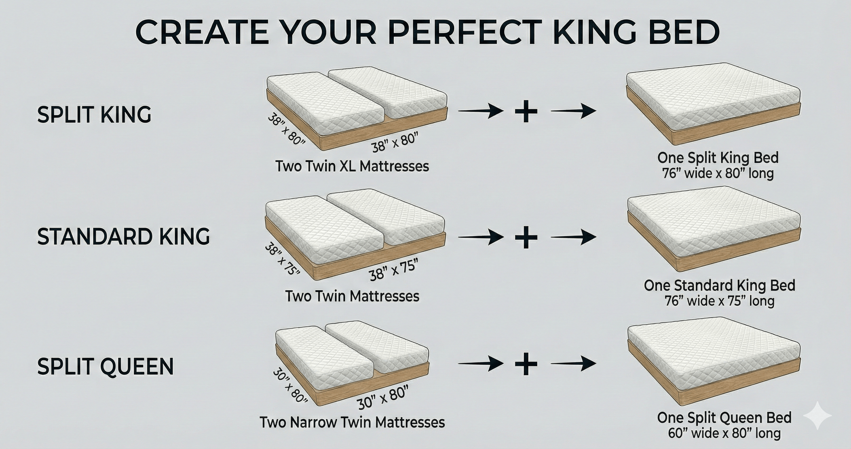 Twin to King conversion diagram showing the 3-step process to eliminate the center gap